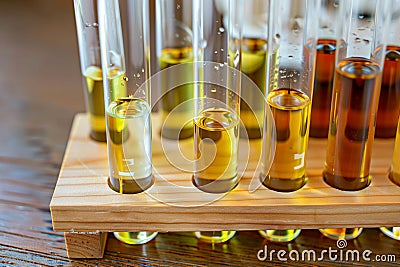 test tubes with oil blends on a wooden stand Stock Photo