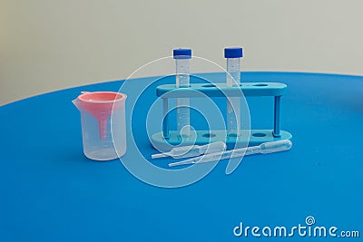 Test tubes and scientific equipment in home biology laborotary. Home schooling, house training Stock Photo