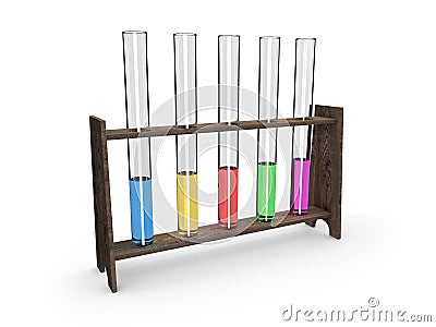 Test-tubes in wooden container with colorful fluid on white Stock Photo