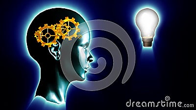 Testa umana con gli ingranaggi e denti e una lampadina. Concetto di pensiero dell'idea brillante illustrazione di stock Testa umana con gli ingranaggi e denti e una lampadina. Concetto di pensiero dell'idea brillante illustrazione di stock