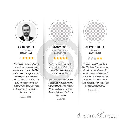Testimonial reviews section layout template Vector Illustration