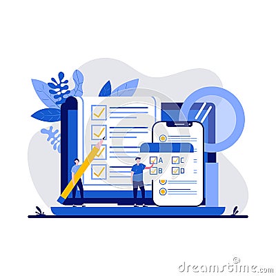 Testing concept with character. People answering quiz checklist and success result abstract vector illustration. Online exam, Vector Illustration