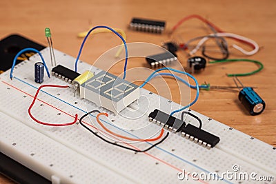 Testing electrical circuit on breadboard Stock Photo