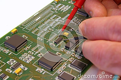 Testing electronic circuit board with test probes Stock Photo
