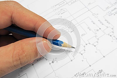 testing electronical devices with electrical schemes Stock Photo