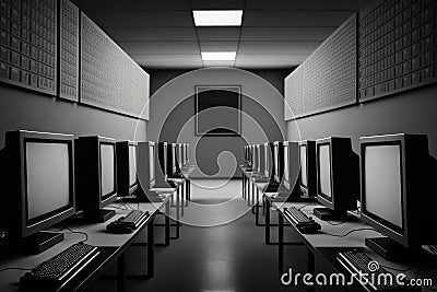 Testing Lab With Rows Of Computer Monitors. Generative AI Stock Photo