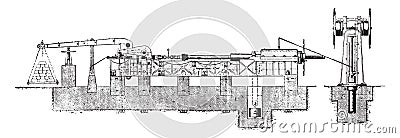 Testing machine tensile strength of 100 tons, vintage engraving Vector Illustration