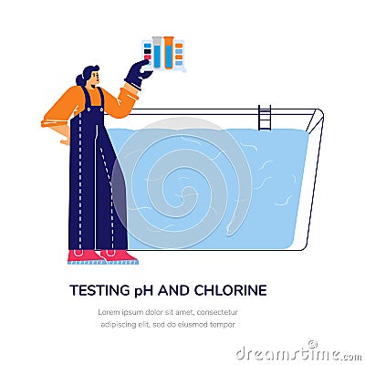 Testing water PH and chlorine level for swimming pool, flat vector illustration. Vector Illustration