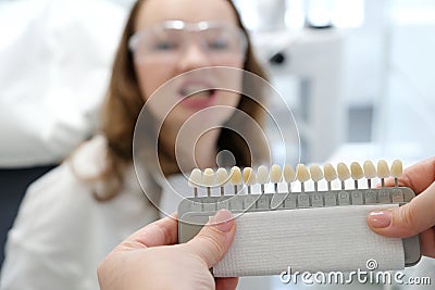 Testing whiteness of teeth of a patient Stock Photo