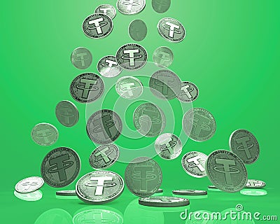 Tether. Cryptocurrency silver coins Cartoon Illustration