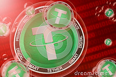 Tether USDT crash, bubble. Tether USDT cryptocurrency coins in a bubbles on the binary code background Editorial Stock Photo