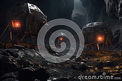 tethered mining robots working on asteroid surface Stock Photo