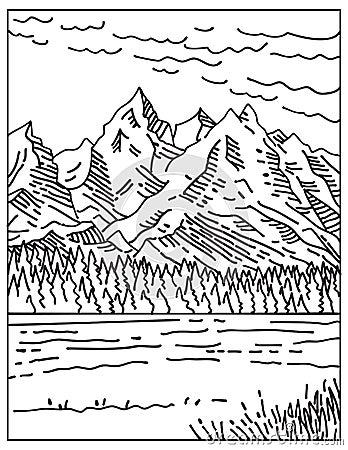 The Teton Range in Grand Teton National Park Located in Northwestern Wyoming United States Mono Line or Monoline Black and White Vector Illustration