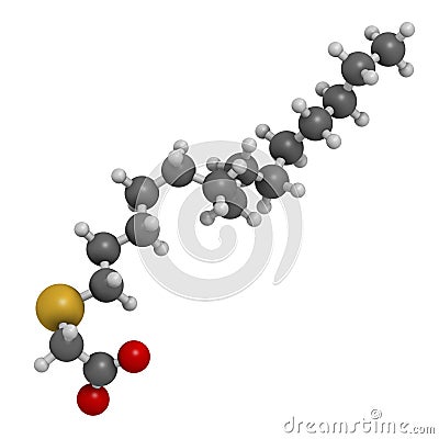 Tetradecylthioacetic acid molecule. 3D rendering. Atoms are represented as spheres with conventional color coding: hydrogen white Stock Photo