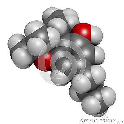 Tetrahydrocannabivarin or THCV cannabinoid molecule. 3D rendering. Atoms are represented as spheres with conventional color coding Stock Photo