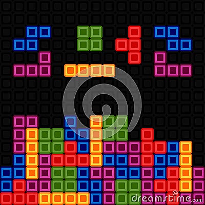 Tetris pieces. Brick retro game on dark background Vector Illustration