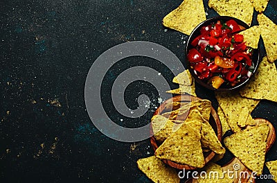 Tex-Mex Concept, Salsa Sauce And Nachos, Food Background, Top Vi Stock Photo