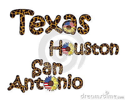 Texas city names featuring a leopard print and a sunflower flower with the US flag. Fashionable design Vector Illustration