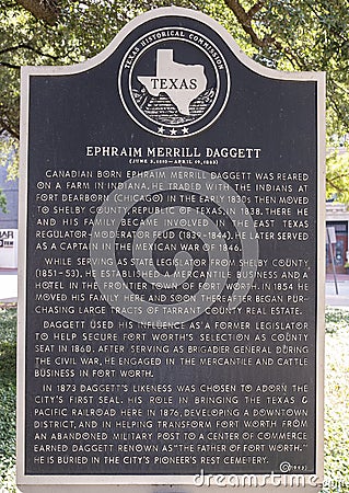 Texas Historical Commission marker for Ephraim Merrill Daggett, known as the `Father of Fort Worth`. Editorial Stock Photo