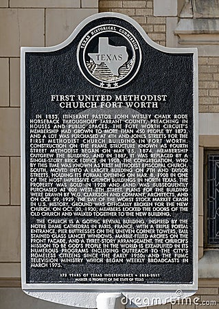 Texas Historical Commission marker for The First United Methodist Church in Fort Worth, Texas. Stock Photo