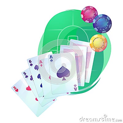 Texas holdem poker game cards and chips over casino or pub table. Vector Illustration