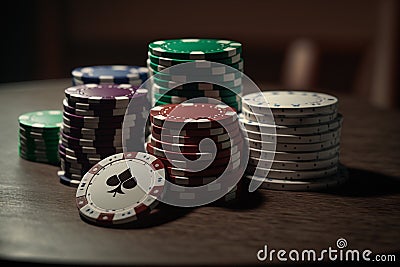 Texas poker Hold'em cards and chips. Poker online, player's smartphone at the poker table, poker room. Poker Stock Photo