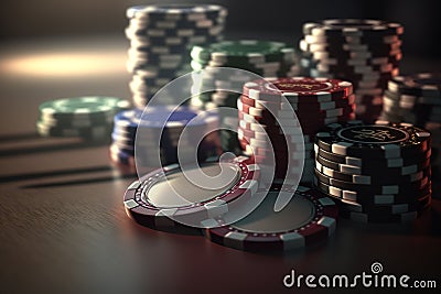 Texas poker Hold'em cards and chips. Poker online, player's smartphone at the poker table, poker room. Poker Stock Photo