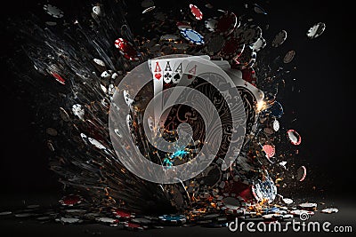 Texas poker Hold'em cards and chips. Poker online, player's smartphone at the poker table, poker room. Poker Stock Photo