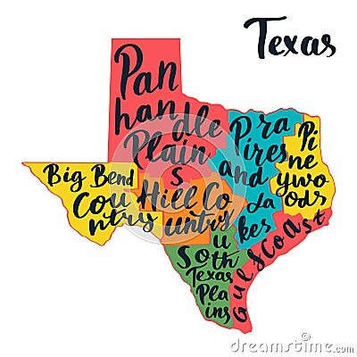 Texas State map. Hand lettering. Vector Illustration