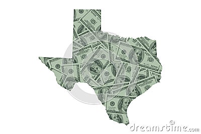 Texas State Map Outline and United States Money Concept, Hundred Dollar Bills Stock Photo