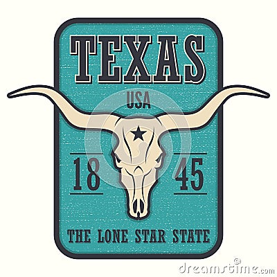 Texas state tee print with longhorn skull. Vector Illustration