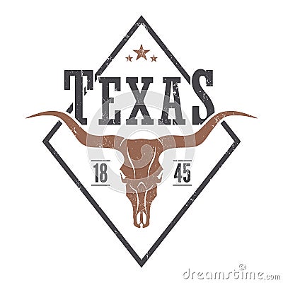 Texas state tee print with longhorn skull. Vector Illustration