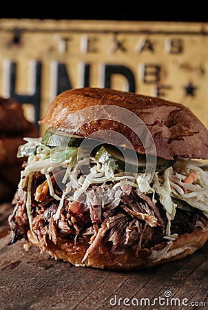 Texas Style BBQ Pulled Pork Sandwich Stock Photo