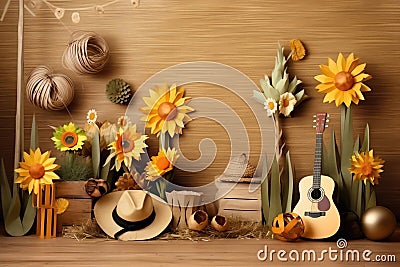 Texas sunflower anniversary party, custom-made smash cake backdrop Stock Photo