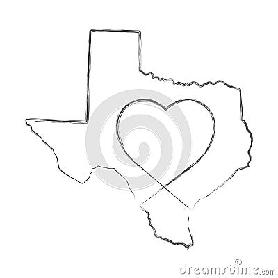Texas US state hand drawn pencil sketch outline map with the handwritten heart shape. Vector illustration Vector Illustration