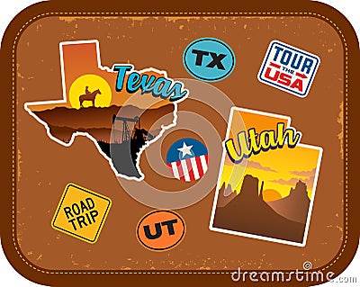 Texas, Utah travel stickers with scenic attractions Vector Illustration