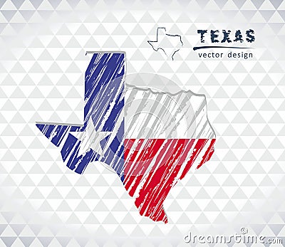 Texas vector map with flag inside isolated on a white background. Sketch chalk hand drawn illustration Vector Illustration