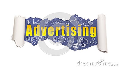 The text advertising behind torn white paper Stock Photo