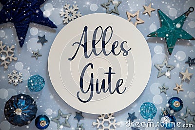 Text Alles Gute, Means Best Wishes, Blue Flatlay Christmas Decor Stock Photo