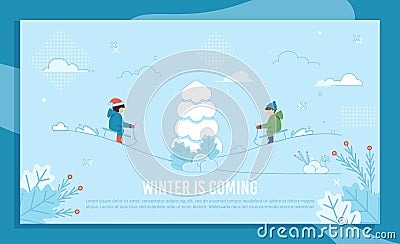 Text Banner in Frame with Cheerful Kids on Sled Stock Photo