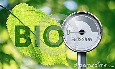 Text BIO on a leaf and Gauge with inscription EMISSION. Arrow points to zero. Stock Photo