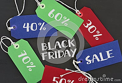 Text black friday and labels with different percentages Stock Photo