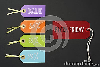 Black friday and labels with different percentages Stock Photo