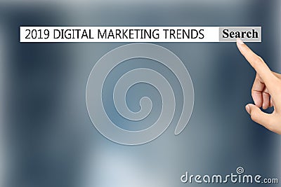 The text in the browser shows `2019 DIGITAL MARKETING TRENDS`. Stock Photo