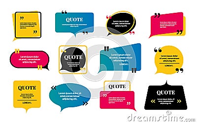 Text bubble. Modern message with frame. Citation borders with commas and copy space. Saying quotation isolated textboxes Vector Illustration