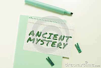 Text caption presenting Ancient Mystery. Word for anything that is kept secret or remains unexplained Stock Photo