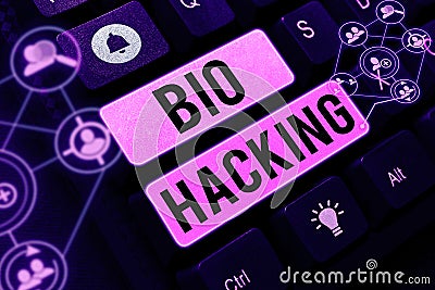 Text caption presenting Bio Hacking. Concept meaning exploiting genetic material experimentally without regard to Stock Photo