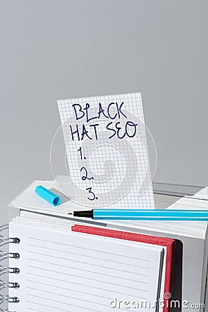 Text caption presenting Black Hat Seo. Conceptual photo Search Engine Optimization using techniques to cheat browsers Stock Photo
