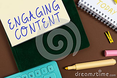 Text caption presenting Engaging Content. Concept meaning fitting or designing a workplace to the user s is needs Stock Photo
