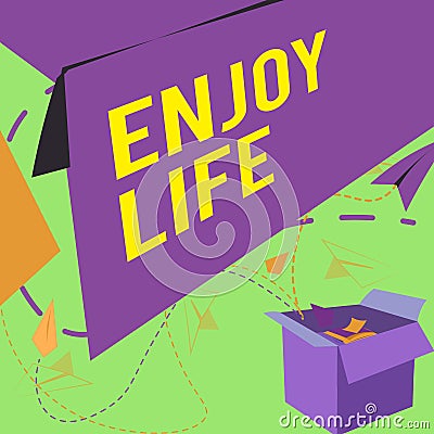 Text caption presenting Enjoy Life. Concept meaning Any thing, place,food or person, that makes you relax and happy Open Stock Photo